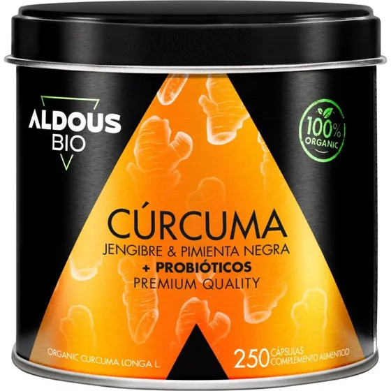 Aldous Cúrcuma Ecológica con Probióticos, Jengibre y Pimienta Negra 250 Cápsulas