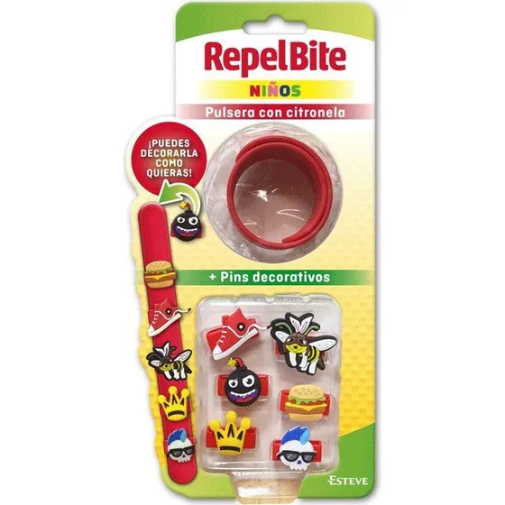 Repel Bite Pulsera Citronela Niños con Pins Decorativos - Rojo