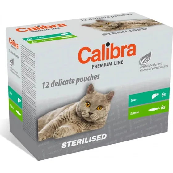 Calibra Premium Line Comida Húmeda para Gatos Esterilizados, Hígado y Salmón, 12x100g