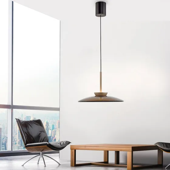 Lámpara colgante LED PURE E-Moon bronce y cristal ámbar Ø 50 cm