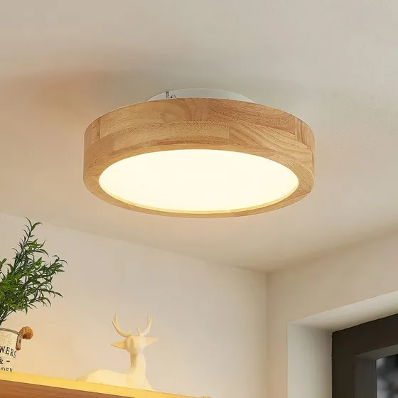 Lindby Lámpara LED de Techo Lanira de Roble, Ø 30 cm, con Control Remoto