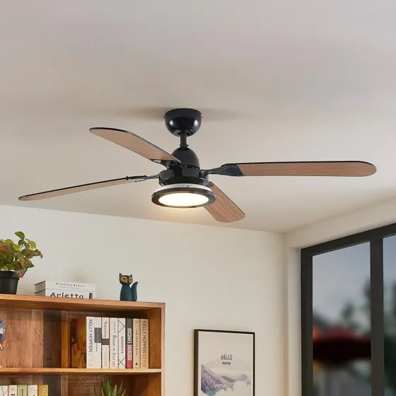 Lucande Ventilador de Techo LED Tedric Negro y Roble, 133 cm