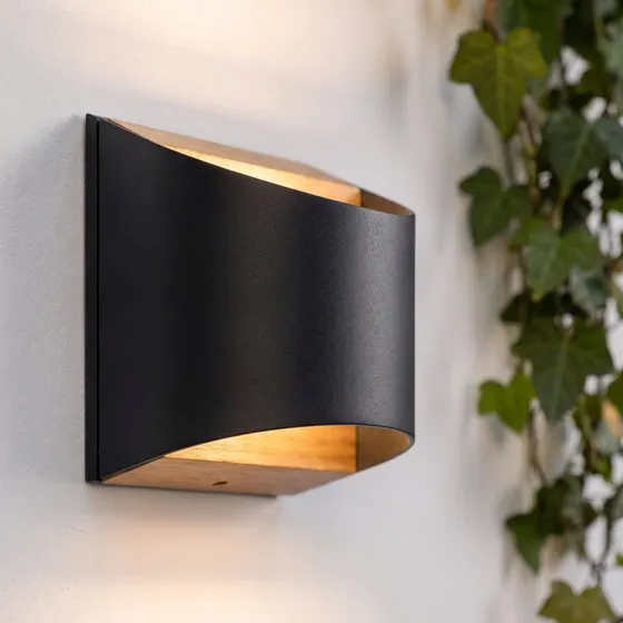 Lindby Aplique de pared LED Lenore Negro - Aluminio y Teca IP44