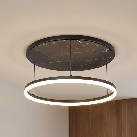 Lámpara LED de techo Lucande Orven, negro/mármol, Ø 50 cm, atenuable
