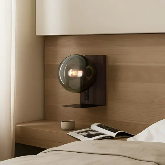 Lucande Aplique Veloura de Madera y Cristal con USB, 30 cm