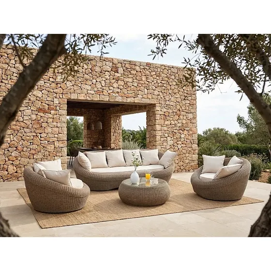 Marca: Set Jardín 4 Piezas Ratán Beige Cojines Blanco Crema