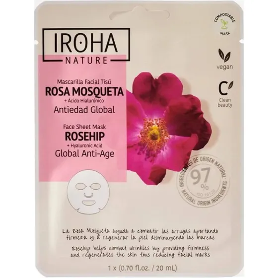 Iroha Mascarilla Facial Antiedad RoseHip & Hyaluronic, 20 ml