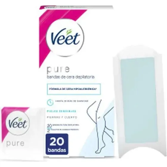 Veet Pure Cera Fría Cuerpo y Piernas para Piel Sensible, 20 Unidades