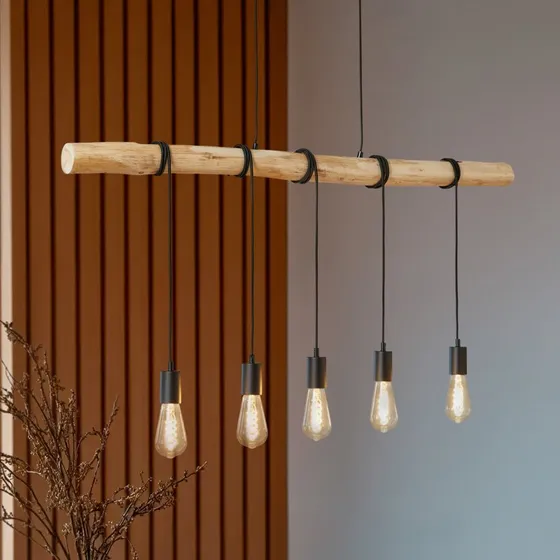 Lámpara Colgante Lindby Rom Black/Wood - 5 Luces - Madera y Metal