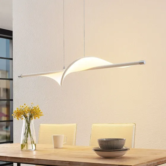 Lucande Lámpara Colgante LED Edano, 122 cm, Blanca, Textil, Atenuable