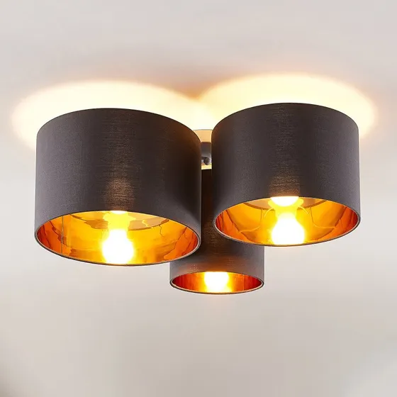 Plafón Lindby Laurenz 3 luces, gris y dorado, textil