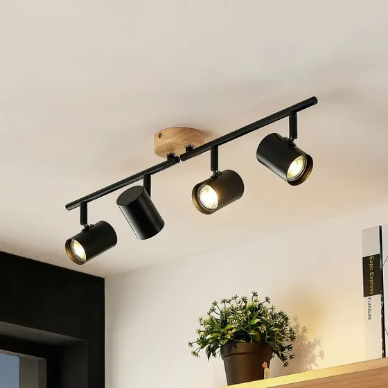 Lindby Xiomara Lámpara de Techo de 4 Luces en Madera y Acero Negro