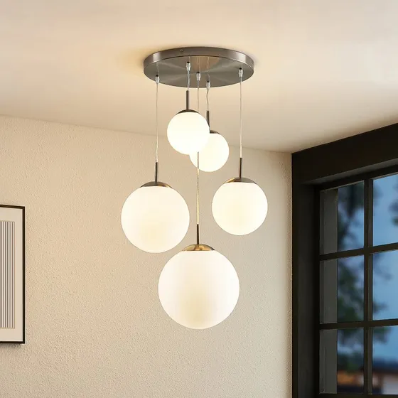 Lámpara Colgante Lindby Heleska de Cristal Blanco y Níquel, 5 Luces