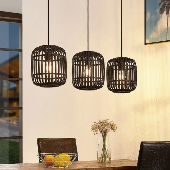 Lindby Lámpara Colgante Canyana Negra de Ratán, 3 Luces, 105 cm