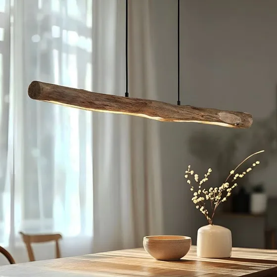 Lámpara colgante LED Lindby Nekala, madera y negra, 120 cm