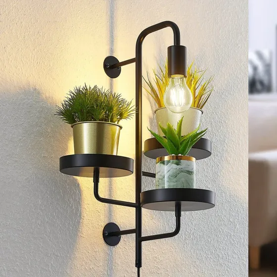 Lindby Hanjo Aplique de Pared con Estantes para Plantas, Negro, 50 cm