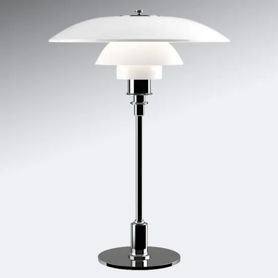 Louis Poulsen Lámpara de mesa PH 3½-2½ Cromada con Vidrio Opal