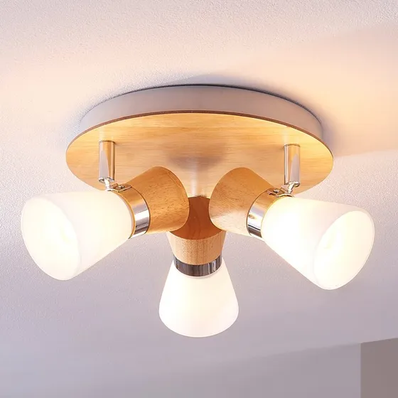 Lindby Plafón Vivica Madera y Cromo, 3 Luces, Ø 26 cm