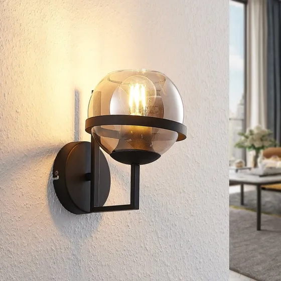 Aplique de pared Lindby Marinka, 20 cm, Negro y Cristal Ahumado