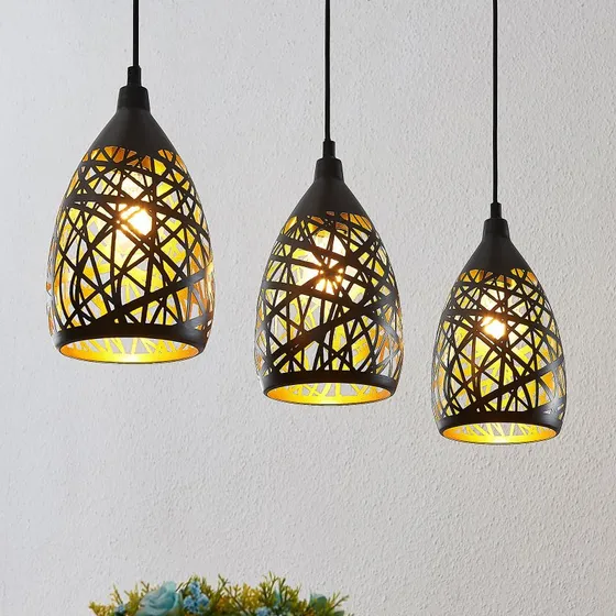 Lámpara Colgante Lindby Marcello, 75 cm, 3 Luces, Negro y Dorado