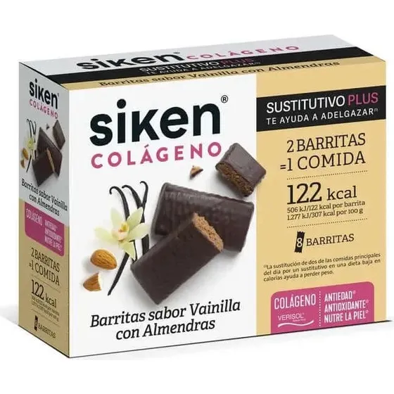 Siken Sustituto de Colágeno Barrita Vainilla con Almendras, 8 Unidades