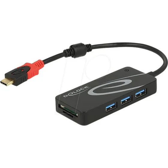 Delock 62900 USB-C 3.0, 3 puertos + 2 ranuras SD, negro