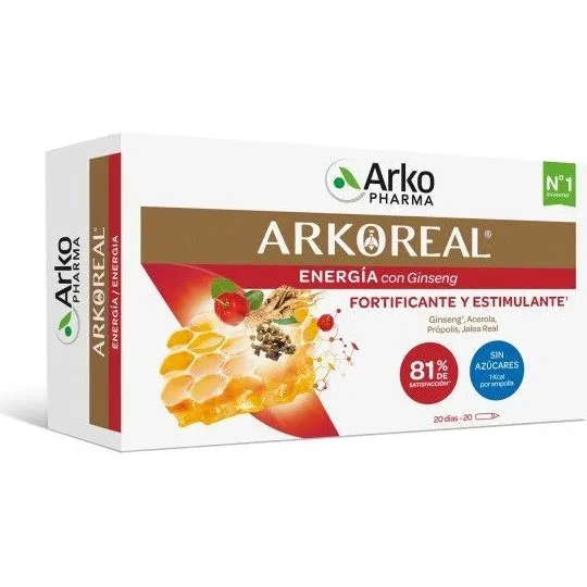 ARKOREAL Jalea Real con Ginseng Sin Azúcar 500mg 20 ampollas