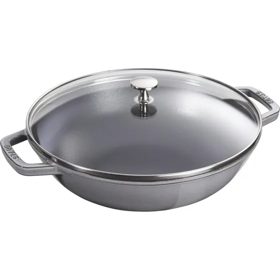 Staub Wok de Hierro Fundido con Tapa de Cristal 37 cm, Gris Grafito