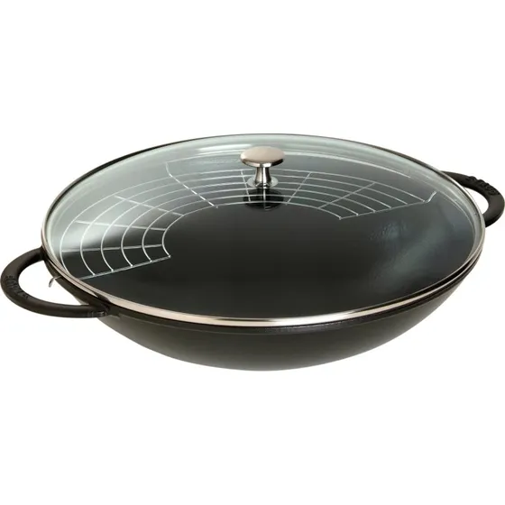 Staub Wok de Hierro Fundido con Tapa de Cristal 37 cm, Negro