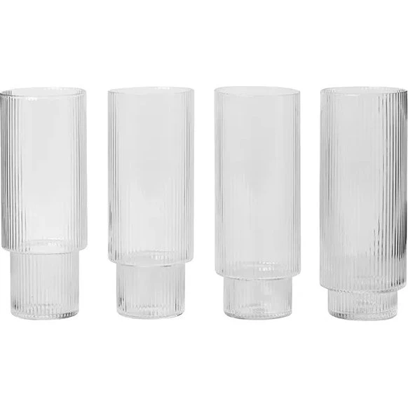 Ferm Living Juego de 4 vasos de tubo RIPPLE transparentes