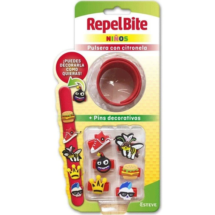 Repel Bite Pulsera Citronela Niños con Pins Decorativos - Rojo