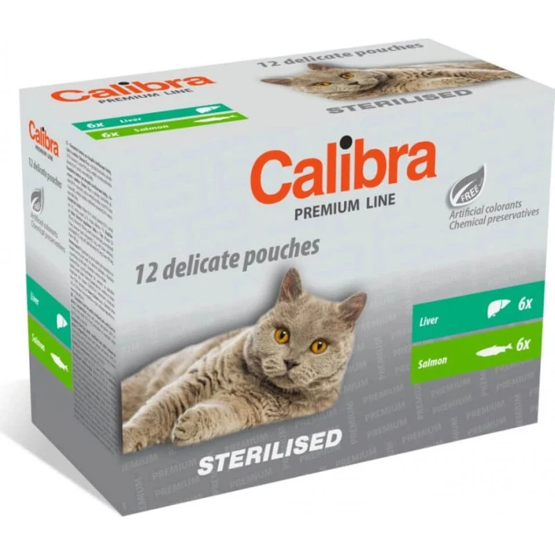 Calibra Premium Line Comida Húmeda para Gatos Esterilizados, Hígado y Salmón, 12x100g