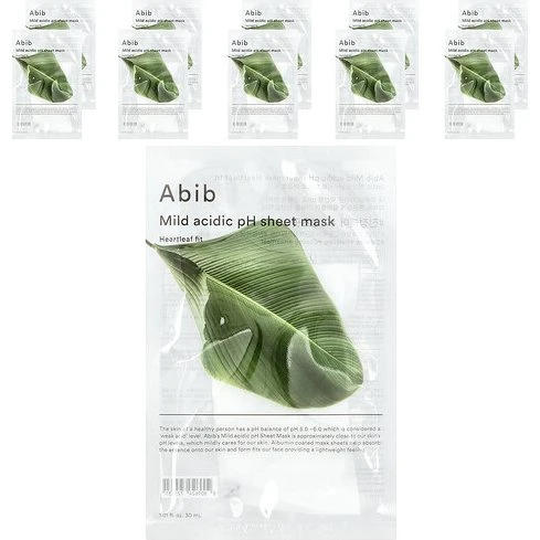 Abib Heartleaf Fit Mask, Mascarilla Calmante pH Ácido Suave, 10 unidades