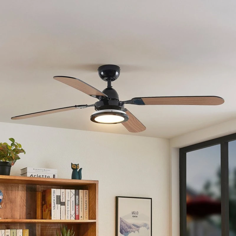 Lucande Ventilador de Techo LED Tedric Negro y Roble, 133 cm
