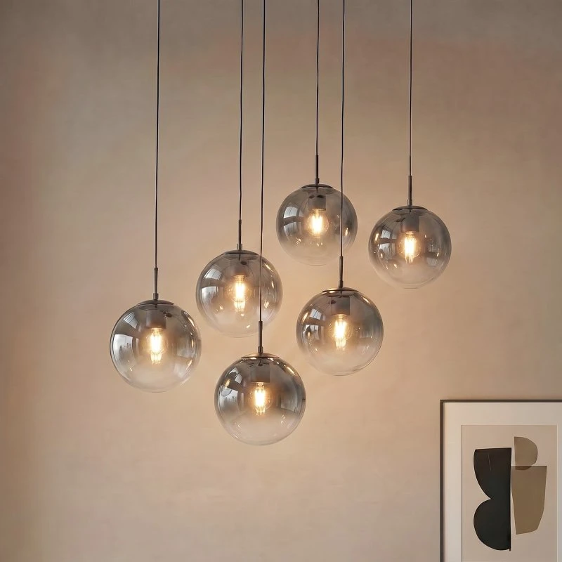 Lámpara colgante Lucande Veloura 6 luces, 100 cm, madera y cristal