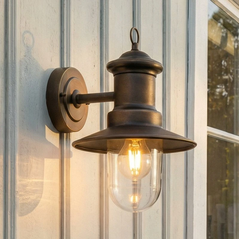 Aplique de pared Lindby Eloretta, latón antiguo y acero, IP44, E27