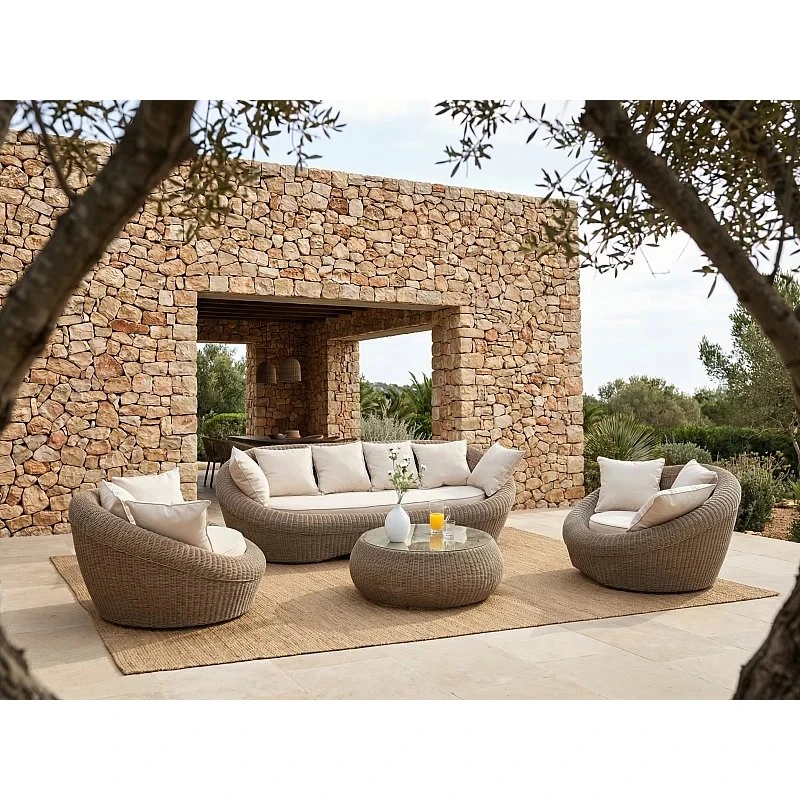 Marca: Set Jardín 4 Piezas Ratán Beige Cojines Blanco Crema