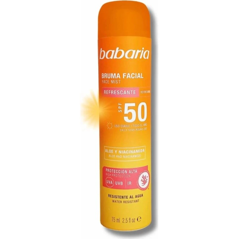 Babaria Protector Solar Bruma Facial SPF50 75ml con Aloe y Niacinamida