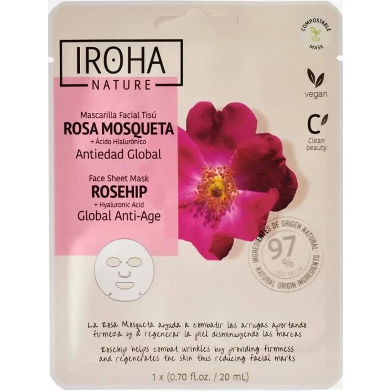 Iroha Mascarilla Facial Antiedad RoseHip & Hyaluronic, 20 ml