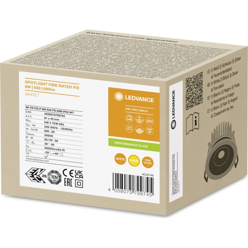LEDVANCE SPOT FIRE RATED 8W 930 PS DIM IP65 WT