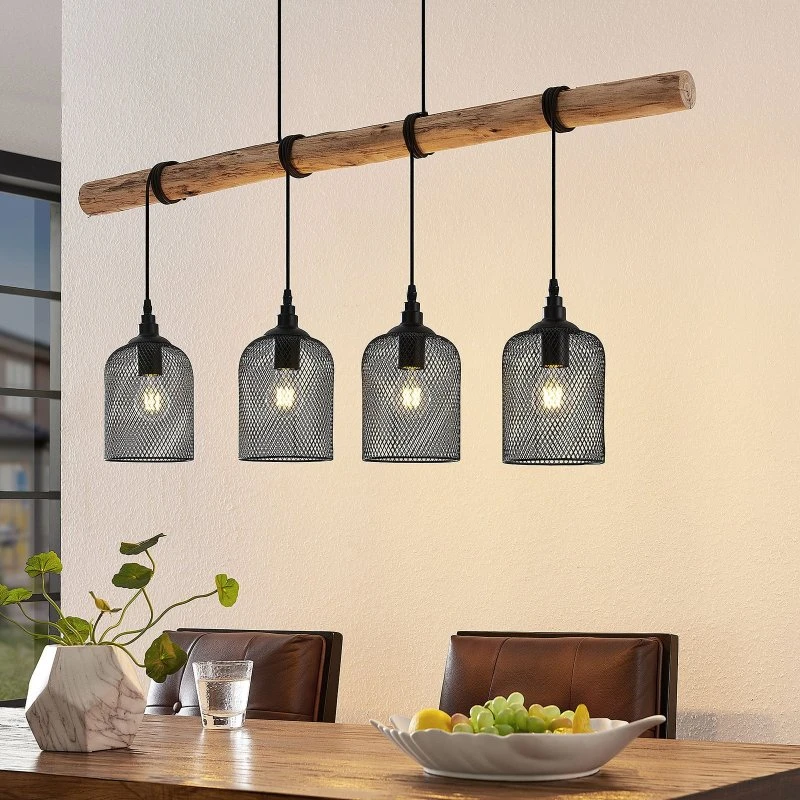 Lámpara colgante Lindby Elrond, 116 cm, negra y madera, 4 luces