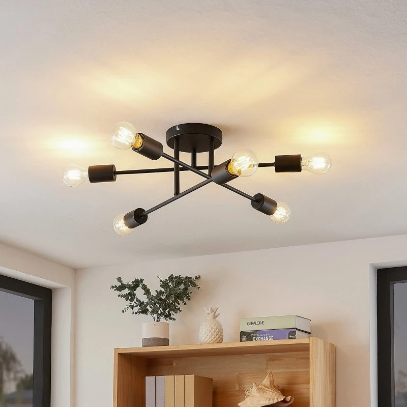 Plafón Lindby Estar Negro, Metal, 6 Luces, Ø 56 cm