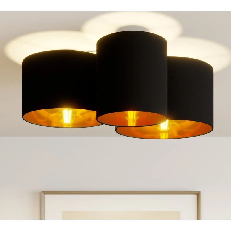 Lindby Laurenz Plafón de Techo Negro y Dorado con 3 Pantallas Textiles