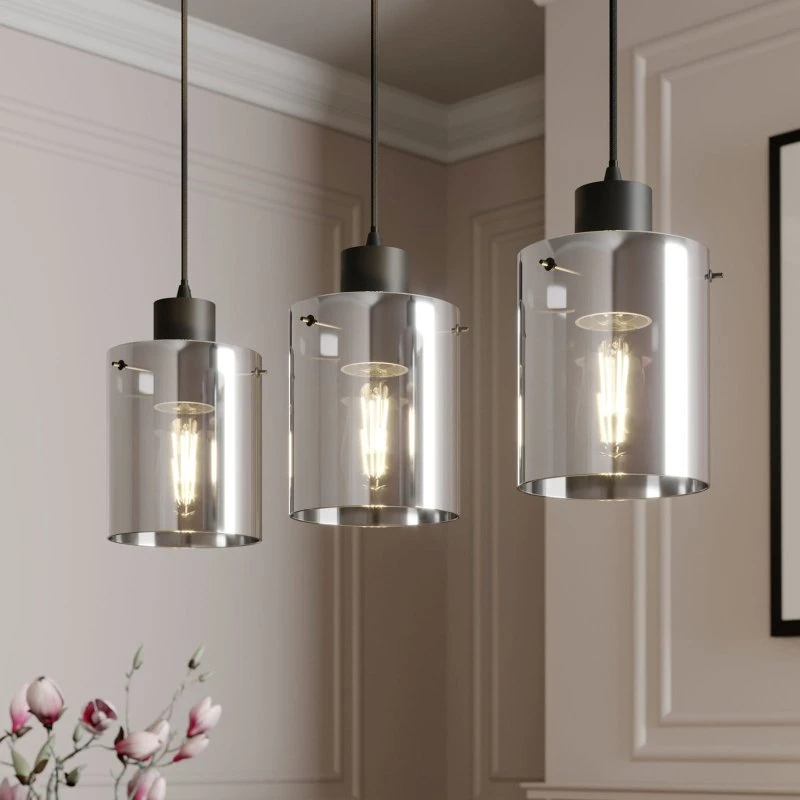 Lámpara colgante Lindby Kourtney, 3 luces, cristal ahumado y negro