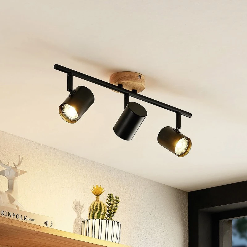 Plafón Lindby Xiomara de 3 Luces en Madera y Negro (68 cm)