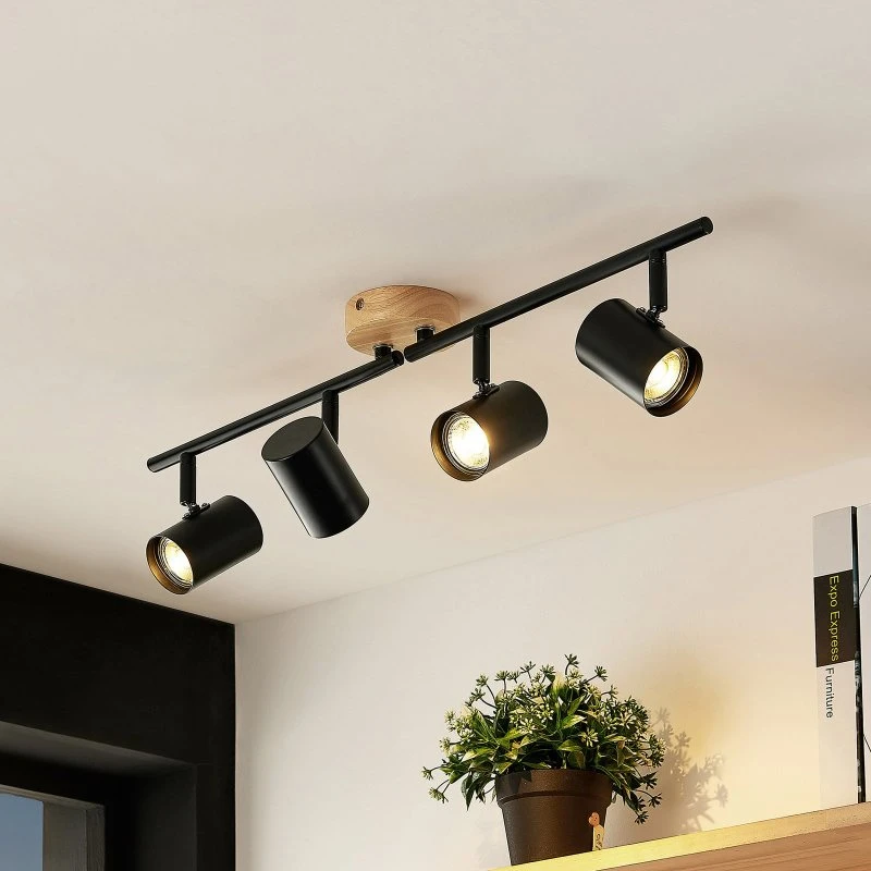 Lindby Xiomara Lámpara de Techo de 4 Luces en Madera y Acero Negro