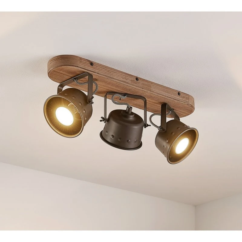 Lindby Lámpara de Techo Rubinjo 3 - Madera y Metal Negro - Vintage