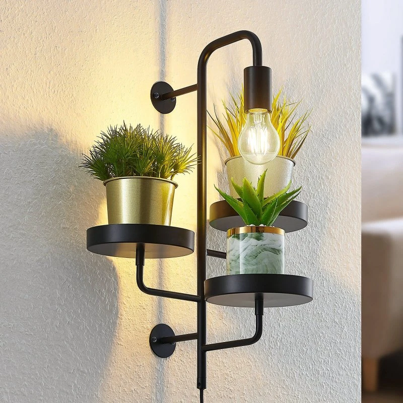 Lindby Hanjo Aplique de Pared con Estantes para Plantas, Negro, 50 cm