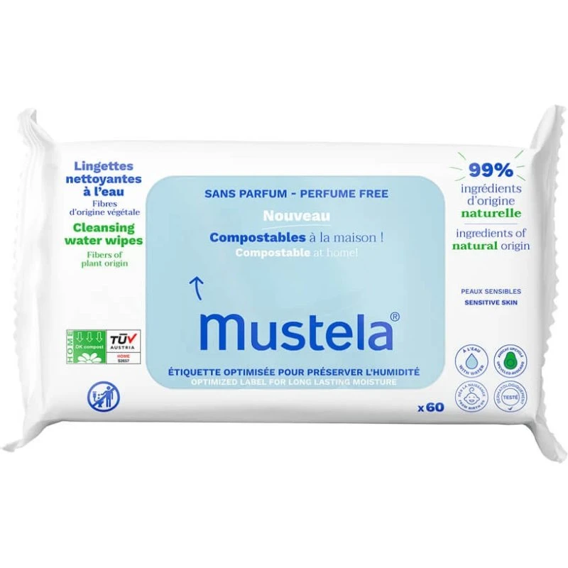 Mustela Toallitas Húmedas con Agua y Fibras Naturales 60 Unidades