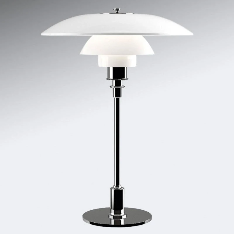 Louis Poulsen Lámpara de mesa PH 3½-2½ Cromada con Vidrio Opal